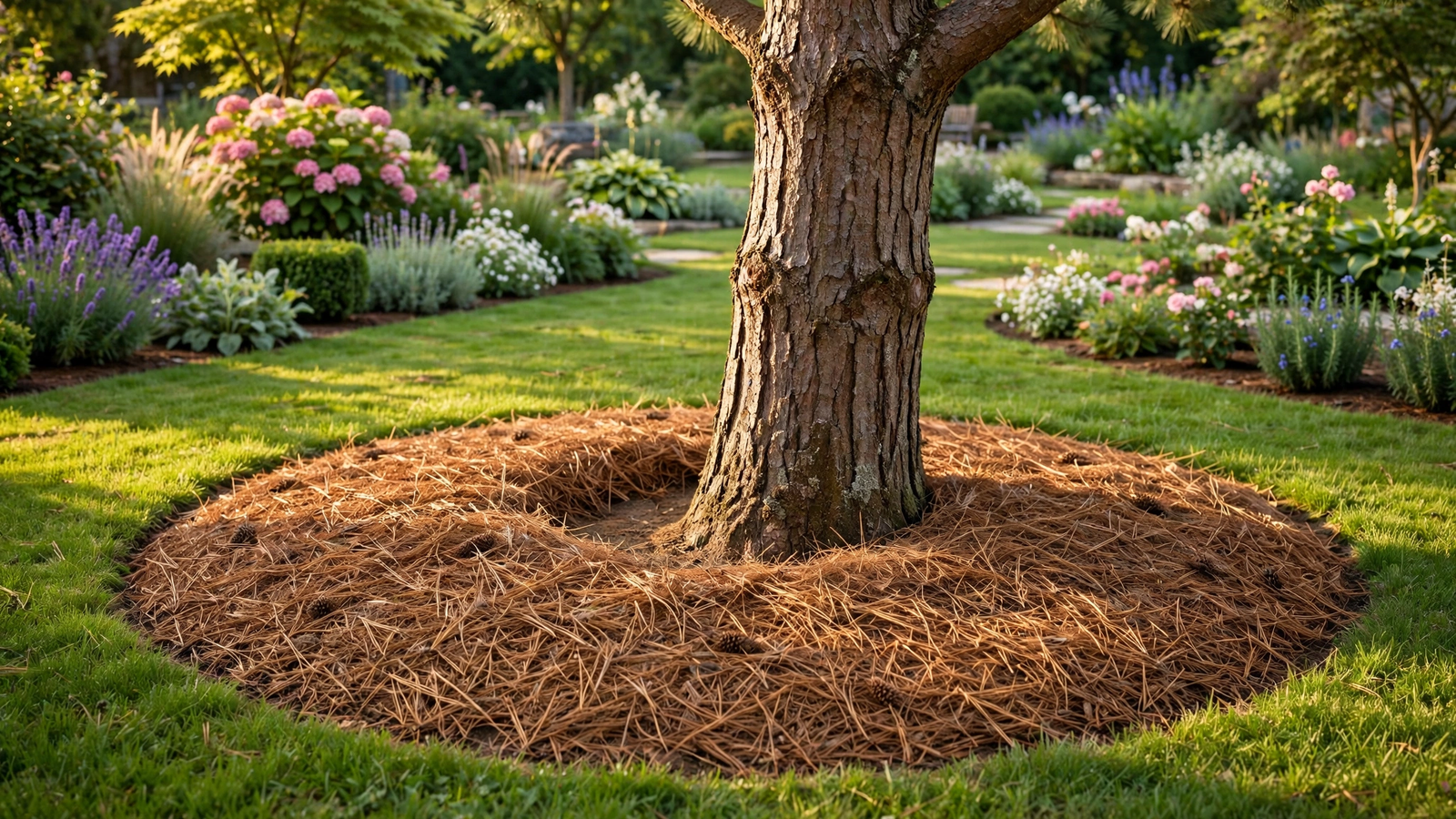 Pine needle mulch used in garden landscaping