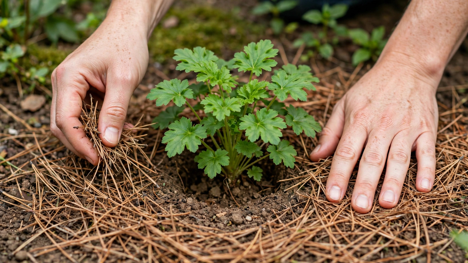 Natural pine needle mulch in a landscaped garden