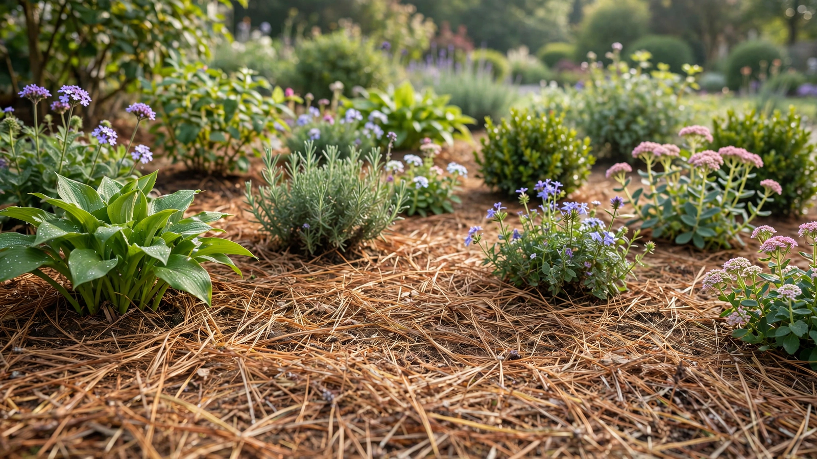 Pine needle mulch spread around garden plants
